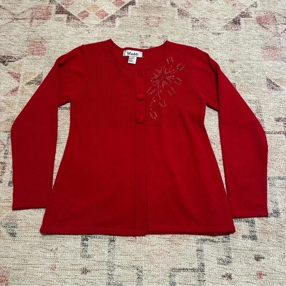 Red long sleeve button up cardigan with snowflake beaded embroidery size small - Picture 3 of 10